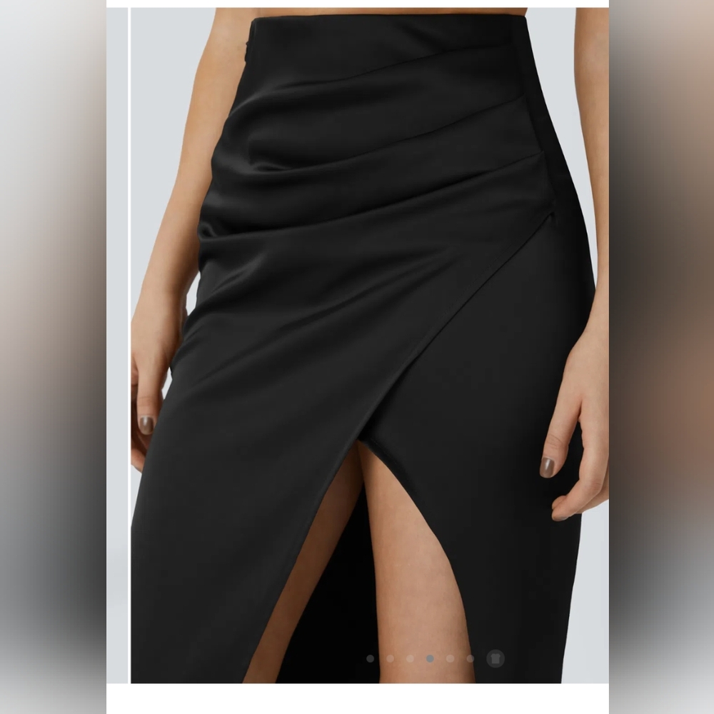 high waisted side invisible zipper ruched tulip hem satin-like midi party medium